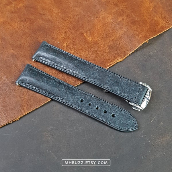 Black Maya Leather Omega Watch Strap Deployment Clasp, Omega Seamaster leather strap replacement, Omega watch band..