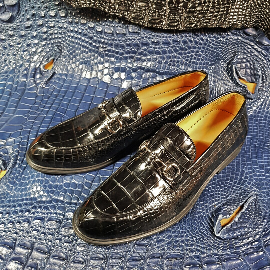 Mens Black Alligator Loafers, Alligator Dress Shoes for Men, Mens