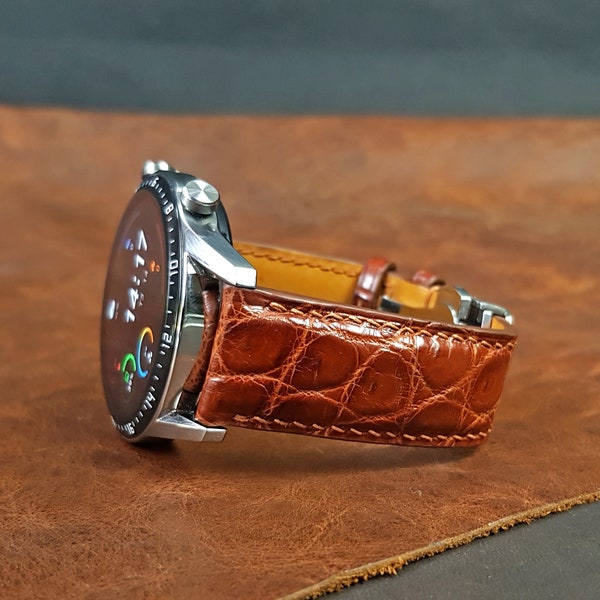 Reddish Brown Alligator Samsung Galaxy Watch Bands, Exotic Leather Samsung Galaxy Watch 4 Bands, Reddish Brown Leather Smart Watch Straps.