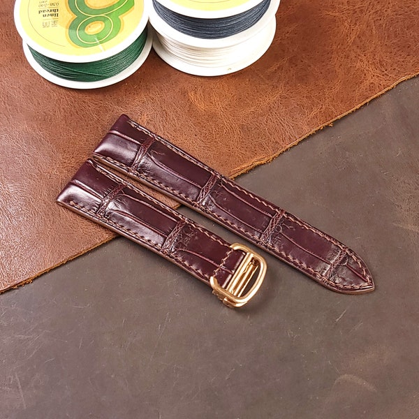 Replacement Brown Alligator Watch Band For Cartier, Handmade Cartier Brown Leather Watch Band, Leather Watch Strap With Clasp For Cartier