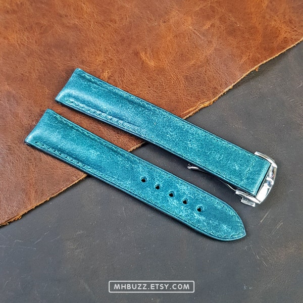 Blue Maya Leather Omega Speedmaster Bands Deployant Clasp, Omega Speedmaster Leather Strap Replacement, Omega watch band..