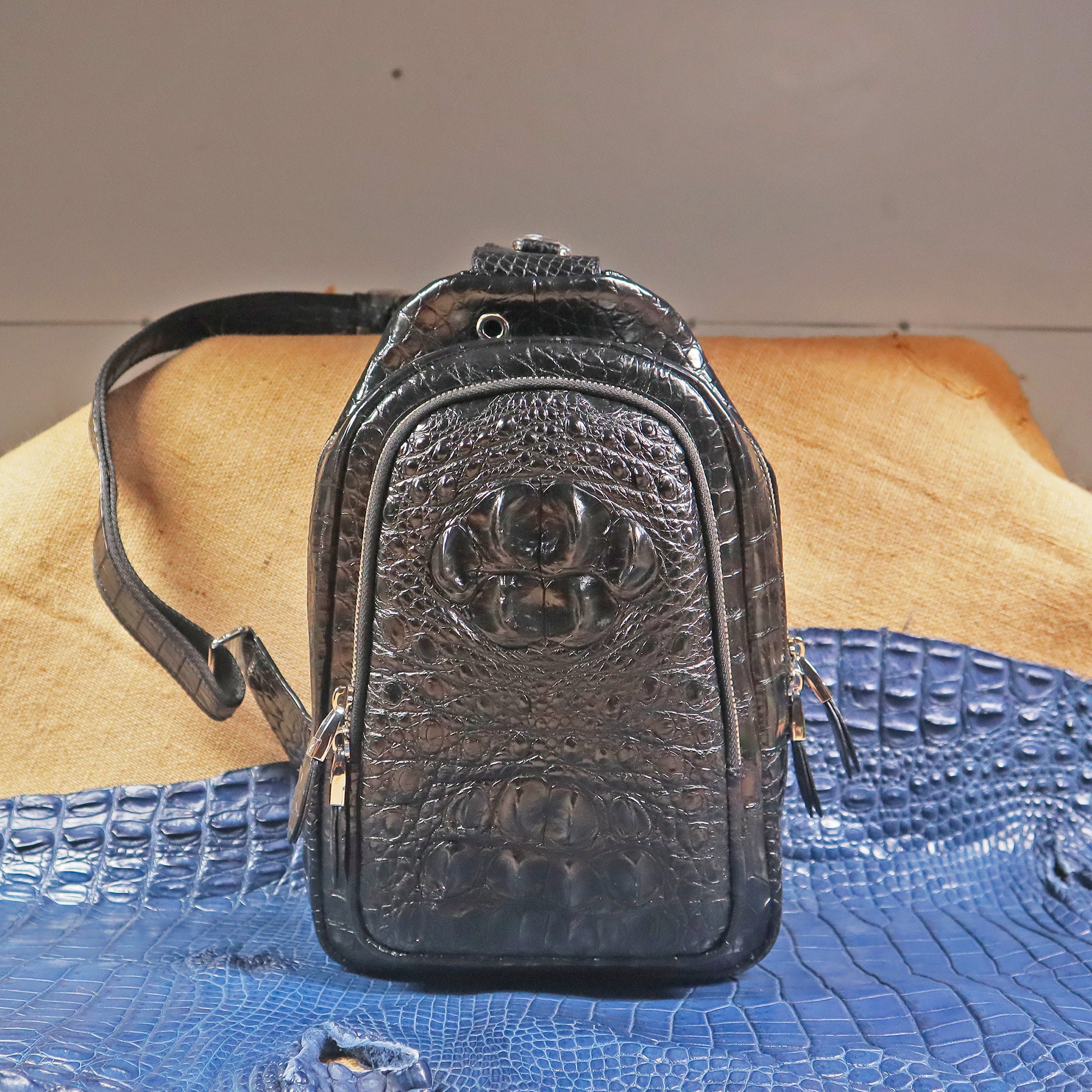 Arale Bag Crocodile Hornback Leather Sling Bag Navy Blue Size 25 cm