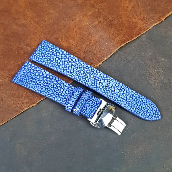 Bracelets de montre Stingray bleu en cuir avec fermoir de déploiement, bracelet de montre en cuir bleu de remplacement, cadeaux personnalisés pour hommes.