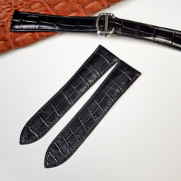 Custom Black Alligator Watch Strap For Cartier Santos, Black Leather Strap, Replacement Black Leather Watch Band With Buckle For Cartier