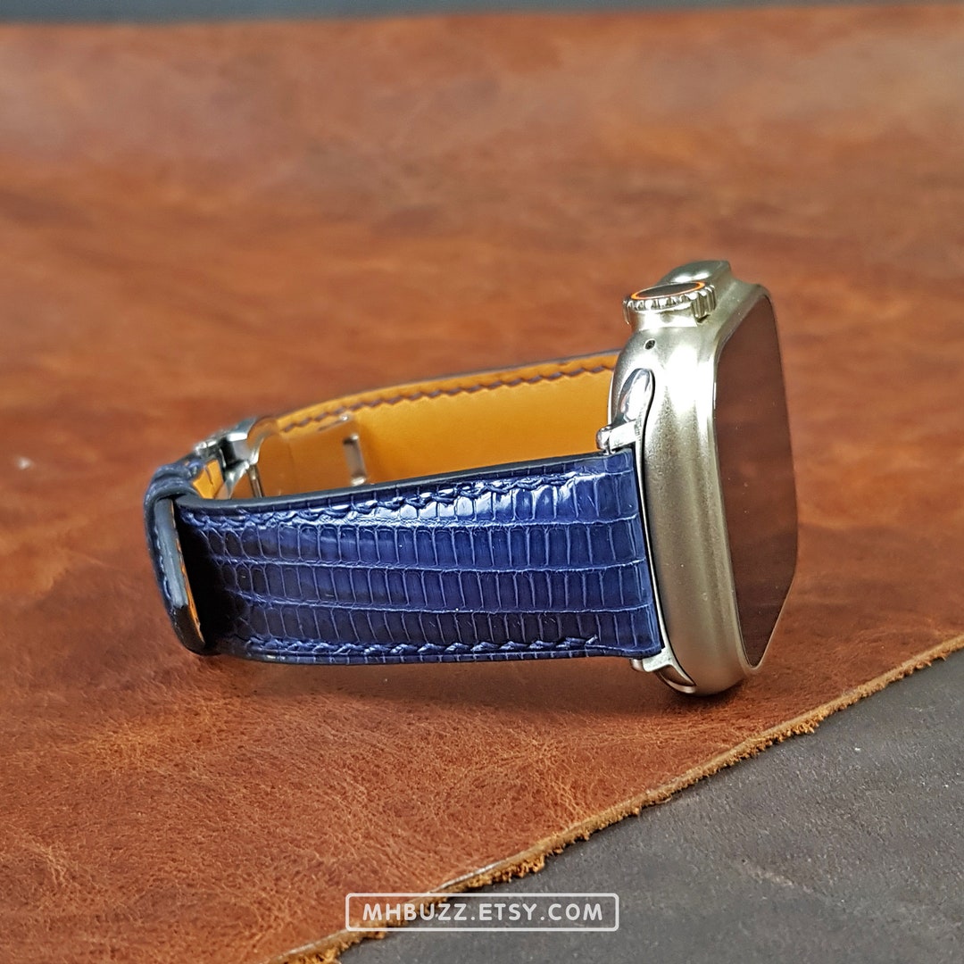 Lizard Navy Blue Apple Watch Ultra Bands, Exotic Leather Band Apple