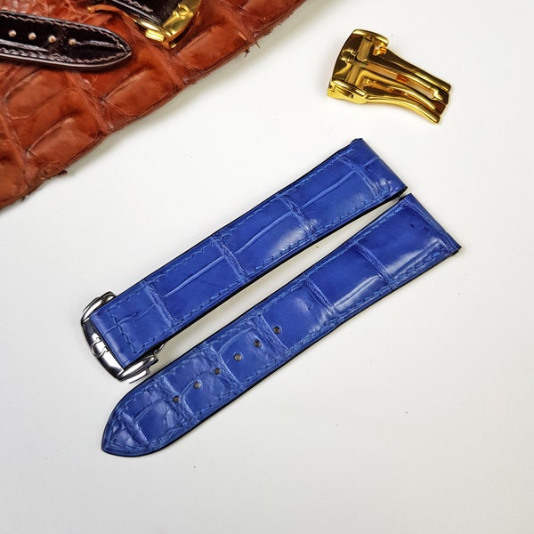 Replacement Blue Alligator Watch Band For Omega, Leather Watch Strap With Clasp For Omega, Custom Watch Strap Quick Release Pins Bars