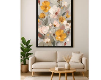 Grey, Yellow, and Blush Pink Modern Floral Wall Art Print – Unique Contemporary Botanical  Flower Poster, Beautiful Warm Toned Art Decor