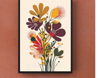 Mid-Century Modern Abstract Floral Poster – Bold Botanical Boho Wall Art Print in Mustard, Red & Deep Burgundy for Contemporary Home Décor