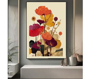 Abstract Modern Golden Bloom Harmony Art Poster – Beautiful Floral Wall Art in Red, Maroon, and Mustard Tones Warm of  Autumn Flower Decor