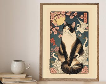 Japanese-Inspired Cat Art Print with Sakura  Cherry Blossoms and Cranes, Zen Japani Cat Art downloadable, Beautiful Vintage Japanese Cat Art