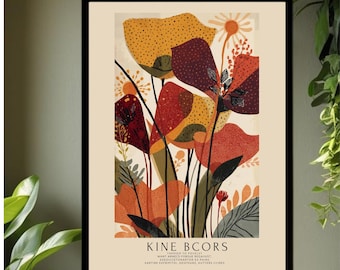 Modern Boho Autumn Botanical Print, Unique Abstract Floral Wall Art in Burnt Orange, Mustard & Deep Green,Minimal Mid-Century Nature Poster