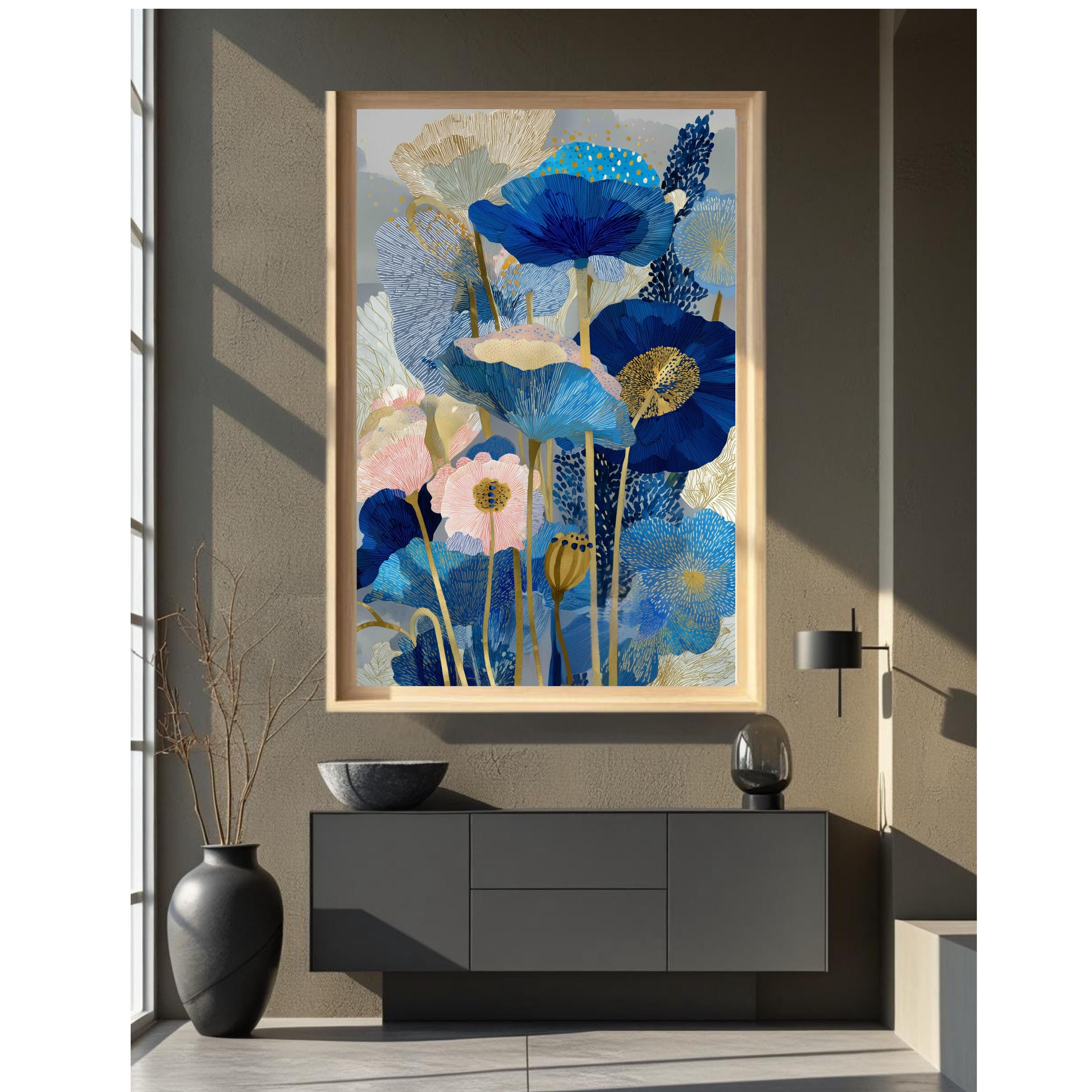 Abstract Blue and Pink Floral Art Print, Modern Flower Wall Decor ...