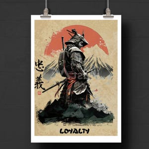 May include: A poster depicting a samurai warrior in full armour, set against a backdrop of mountains and a red sun. Japanese characters and the word "LOYALTY" are visible. The artwork has a vintage aesthetic.