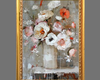 繊細なパステル調の抽象画 – 柔らかな花柄のウォールアート – モダンな