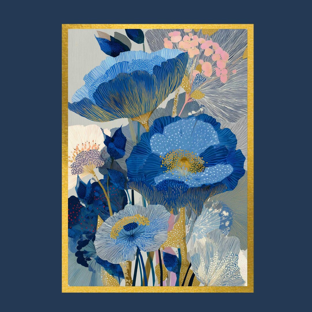 Abstract Botanical – Luxury Blue and Gold Floral Art Print, Modern ...