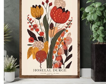 Nowoczesny boho jesienny botaniczny wydruk – abstrakcyjna kwiatowa sztuka ścienna w kolorze spalonej pomarańczy, musztardy i głębokiej zieleni – minimalistyczny plakat z motywem natury z połowy XX wieku