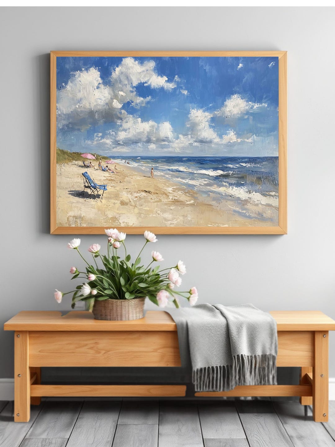 Sunny Beach Day Wall Art Print, Coastal Seascape Poster With Umbrellas ...