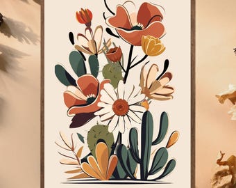 Modern Boho Floral Wall Art – Warm Earth Tone Botanical Print, Mid-Century Inspired Home Décor, Arizona Desert Abstract Floral