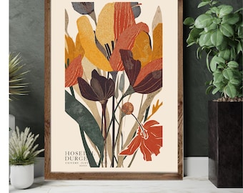 Modern Boho Autumn Botanical Print – Abstract Floral Wall Art in Burnt Orange, Mustard & Deep Green – Minimal Mid-Century Nature Poster