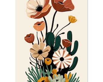 Modern Boho Floral Wall Art – Warm Earth Tone Botanical Print on Canvas, Mid-Century Inspired Home Décor, Arizona Desert Abstract Floral