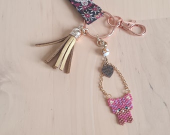 Porte clés mousqueton et dragonne en tissu, bijou de sac, porte clés chat, perles tissées à la main