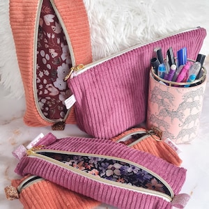 trousse en velours côtelé, grande trousse, trousse école, trousse plate, trousse maquillage, trousse carré, rose, terracotta