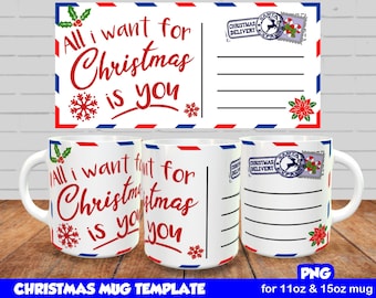 Christmas Mug Template, Sublimate Mug Designs, Christmas Postcard Mug Design, Sublimate Templates, 11oz and 15oz mug png, Instant Download
