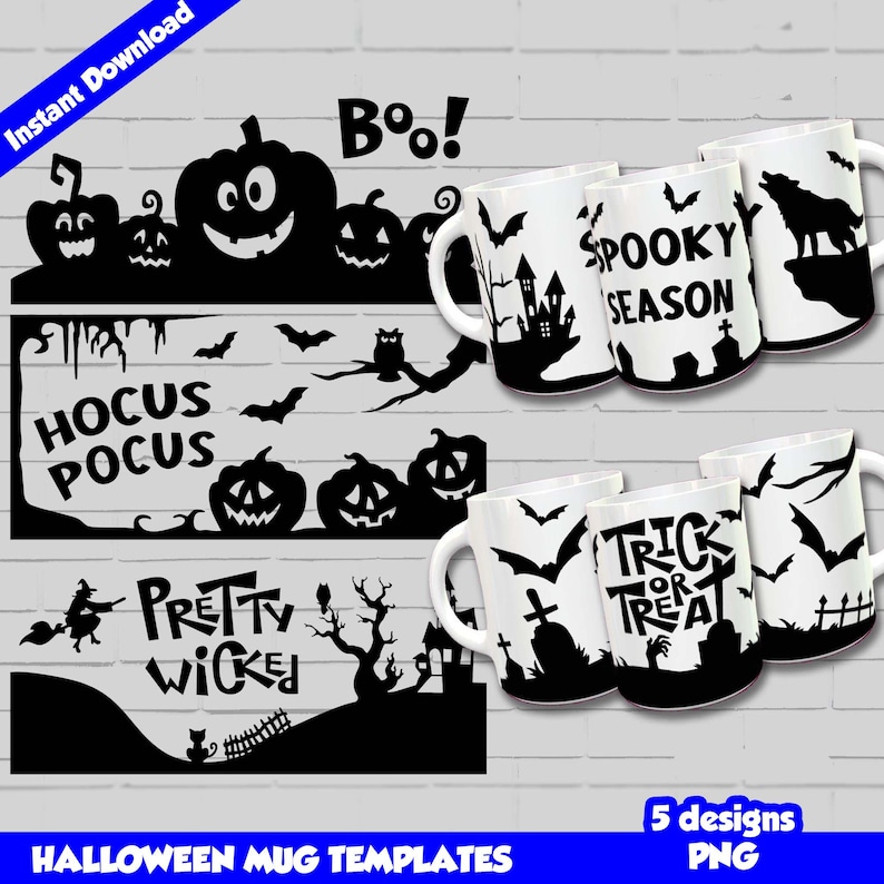 May include: Five black and white Halloween-themed mug templates with different designs. The designs include a spooky house, bats, pumpkins, a witch, a graveyard, and the text "Boo!", "Hocus Pocus", "Pretty Wicked", "Spooky Season", and "Trick or Treat".