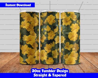 20oz Skinny Tumbler Sublimation Wrap, Yellow Flowers Design, PNG Digital Download, Straight & Tapered, Seamless Floral Tumbler Wrap