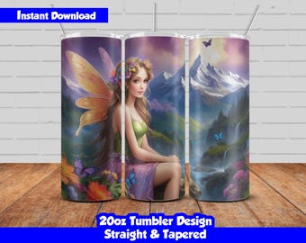 20oz Skinny Tumbler Sublimation Wrap, Beautiful Fairy Design, PNG Digital Download, Straight & Tapered, Seamless Fairy Tumbler Wrap