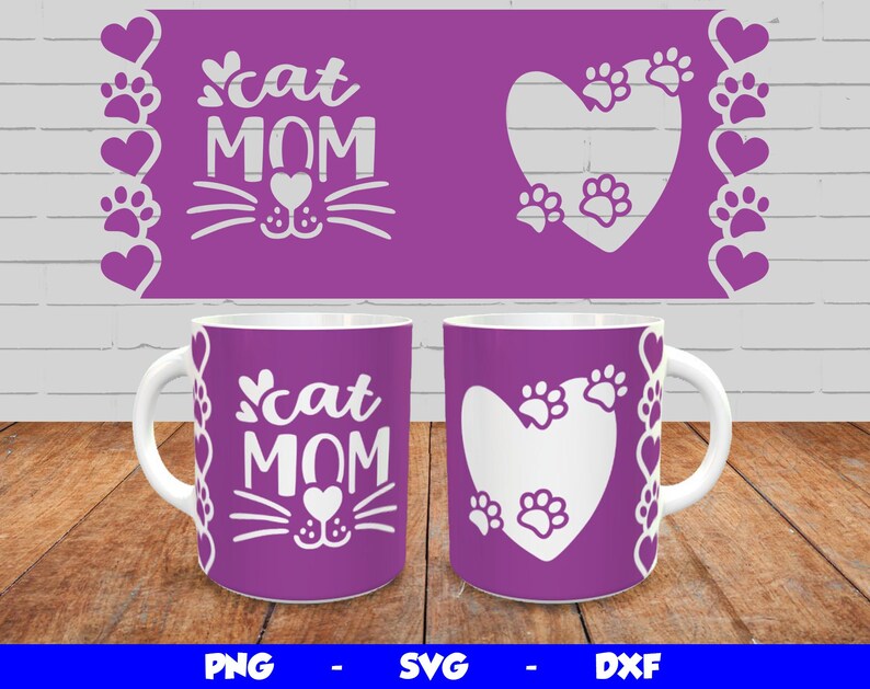 May include: Two purple mugs with white handles. One mug has the text "Cat Mom" with a cat face and paw prints. The other mug has a white heart with paw prints. Both mugs have a purple background with white paw prints and hearts.
