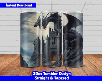 Dragon tumbler wrap designs, 20oz Skinny Tumblers Sublimation Designs, Fierce Medieval Dragon Tumbler Bundle PNG, Seamless Designs