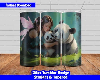 20oz Skinny Tumbler Sublimation Wrap, Fairy and panda Design, PNG Digital Download, Straight & Tapered, Seamless Fairy Tumbler Wrap