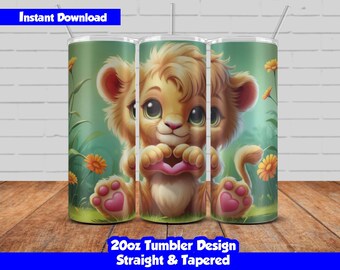 Cute Lion Tumbler Wrap Design, 20oz Skinny Tumbler Sublimation, Adorable Lion Giving Heart Hand Sign PNG, Seamless design