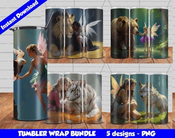Fairies Tumbler Wrap, 20oz Skinny Tumblers Sublimation Designs, 5 Beautiful Fairies with Big Animals Tumbler Bundle PNG, Seamless Designs