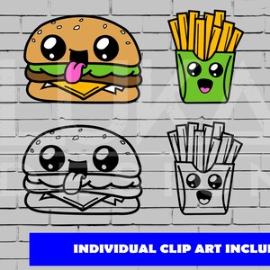 May include: Two cartoon images of a burger and fries. The burger is yellow, brown, and green with a pink tongue sticking out. The fries are yellow and in a green box with a smiling face. The second image is a black and white version of the first image.