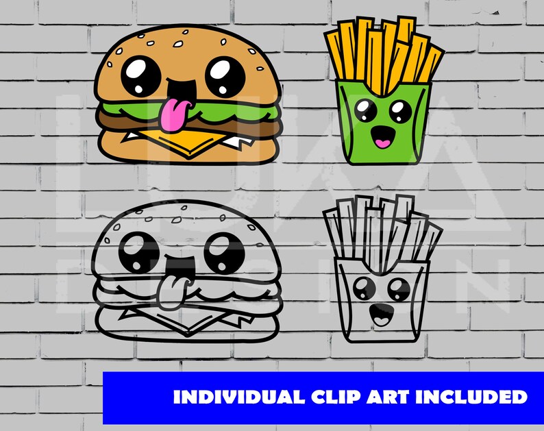 May include: Two cartoon images of a burger and fries. The burger is yellow, brown, and green with a pink tongue sticking out. The fries are yellow and in a green box with a smiling face. The second image is a black and white version of the first image.