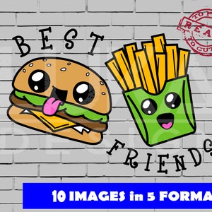 May include: A digital illustration of a hamburger and a box of french fries with cartoon faces. The hamburger has a pink tongue sticking out and the french fries have a pink smile. The text "BEST FRIENDS" is written below the food.