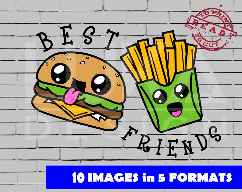 May include: A digital illustration of a hamburger and a box of french fries with cartoon faces. The hamburger has a pink tongue sticking out and the french fries have a pink smile. The text "BEST FRIENDS" is written below the food.