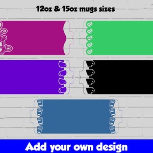 Puede incluir: Cuatro dise&ntilde;os de tazas diferentes para sublimaci&oacute;n. Los dise&ntilde;os incluyen una pila de tazas de caf&eacute;, granos de caf&eacute; y un dise&ntilde;o de taza simple. El texto "12oz & 15oz mugs sizes" y "Add your own design" tambi&eacute;n se incluyen en la imagen.