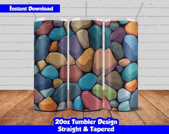 20oz Skinny Tumbler Sublimation Wrap, 3d Colorful Rocks Design, PNG Digital Download, Straight & Tapered, Seamless Tumbler Wrap