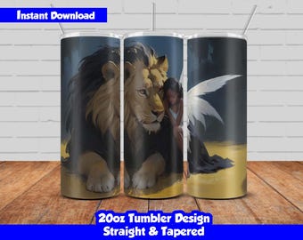 20oz Skinny Tumbler Sublimation Wrap, Beautiful Fairy and lion Design, PNG Digital Download, Straight & Tapered, Seamless Fairy Tumbler Wrap
