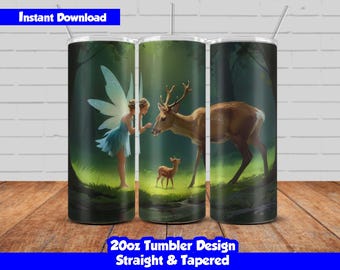 20oz Skinny Tumbler Sublimation Wrap, Fairy and deer Design, PNG Digital Download, Straight & Tapered, Seamless Fairy Tumbler Wrap