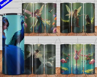 Fairies Tumbler Wrap, 20oz Skinny Tumblers Sublimation Designs, 5 Beautiful Fairies with Birds Tumbler Bundle PNG, Seamless Designs