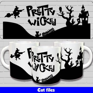 May include: Three white mugs with black silhouettes of a witch flying on a broomstick, a haunted house, a cat, and a tree. The text "Pretty Wicked" is printed on the mugs.