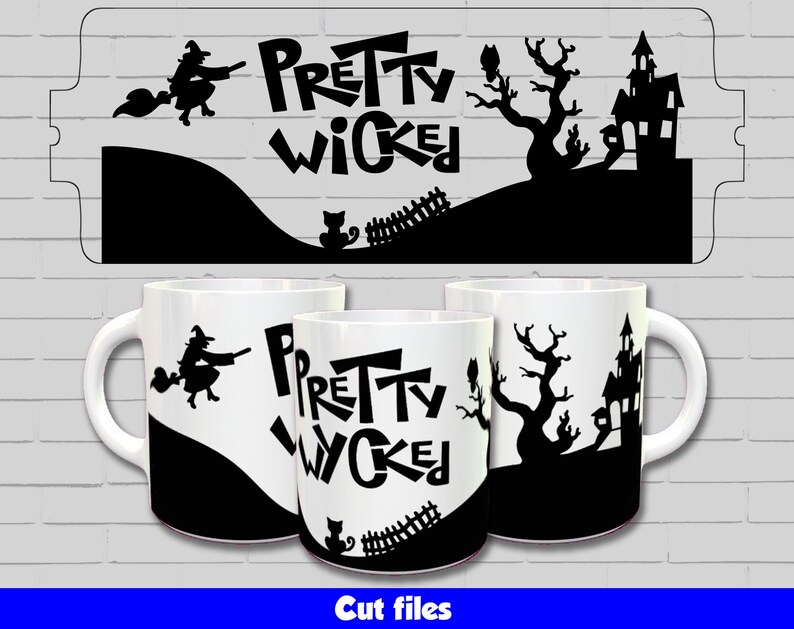May include: Three white mugs with black silhouettes of a witch flying on a broomstick, a haunted house, a cat, and a tree. The text "Pretty Wicked" is printed on the mugs.