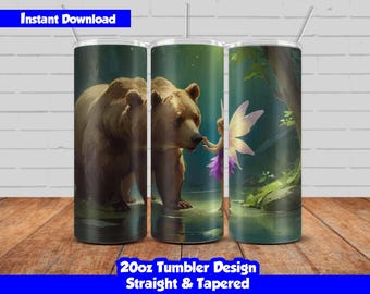 20oz Skinny Tumbler Sublimation Wrap, Beautiful Fairy and bear Design, PNG Digital Download, Straight & Tapered, Seamless Fairy Tumbler Wrap
