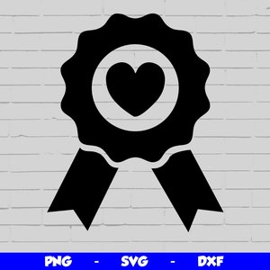 May include: Black and white silhouette of a ribbon with a heart in the centre of a circular badge. The ribbon is tied in a bow at the bottom.