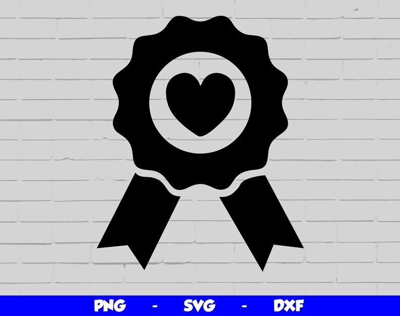 May include: Black and white silhouette of a ribbon with a heart in the centre of a circular badge. The ribbon is tied in a bow at the bottom.