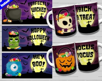 Halloween Mug Templates, Sublimation Mug Designs, Halloween Bundle Mug Designs PNG, Sublimation Mug Wrap, for 11oz & 15oz mug